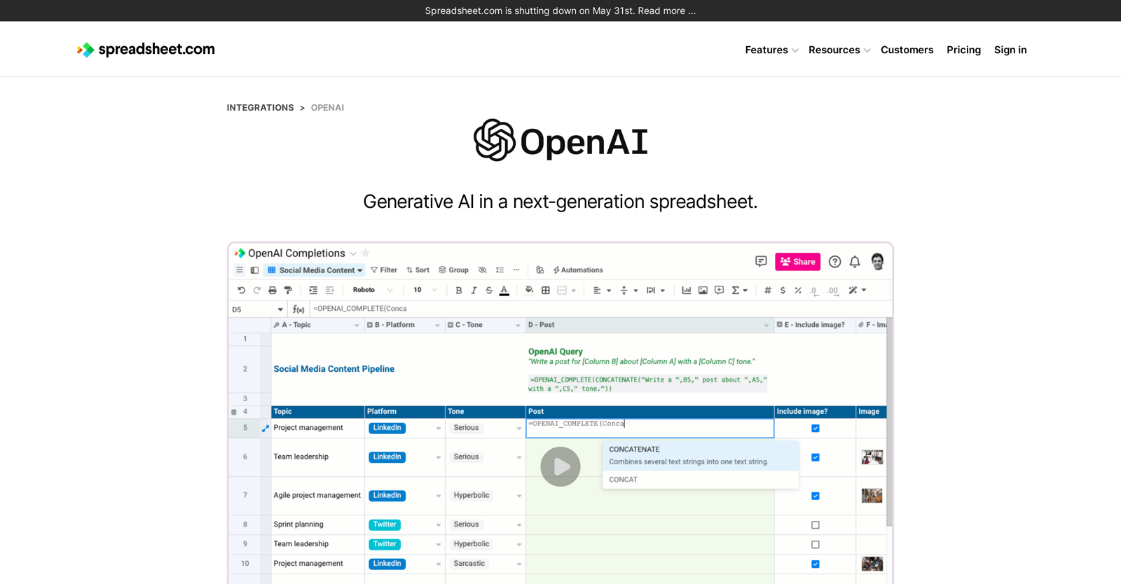 OpenAI in Spreadsheet